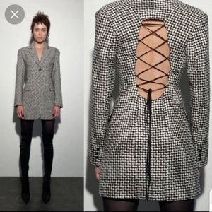 Zara houndstooth blazer dress plaid Tweed textured lace up crisscross back sz M